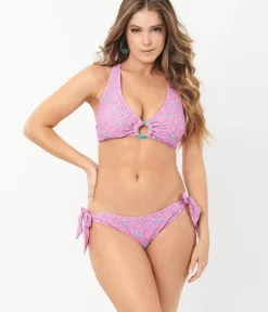 Unique Vintage Swim Bottoms|Two Piece Swim>1970s Pink & Purple Floral Sweet & Sash-y Swim Bottom