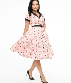 Unique Vintage Swing|Pocket Dresses>1950s Pink Santa Print Alexis Swing Dress