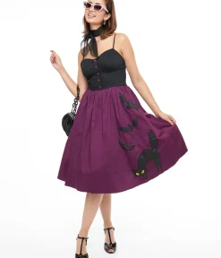 Unique Vintage Swing|Pocket Dresses>1950s Purple & Black Glitter Cat Swing Dress