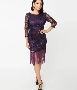 Unique Vintage Everyday Dresses|Special Occasion>1920s Purple & Black Sequin Sleeved Therese Flapper Dress