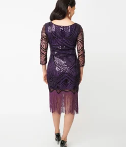 Unique Vintage Everyday Dresses|Special Occasion>1920s Purple & Black Sequin Sleeved Therese Flapper Dress