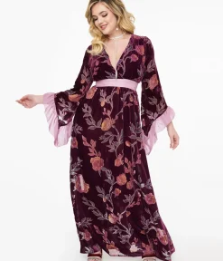 Unique Vintage Maxi|Everyday Dresses>1970s Purple Floral Burnout Velvet Maxi Dress