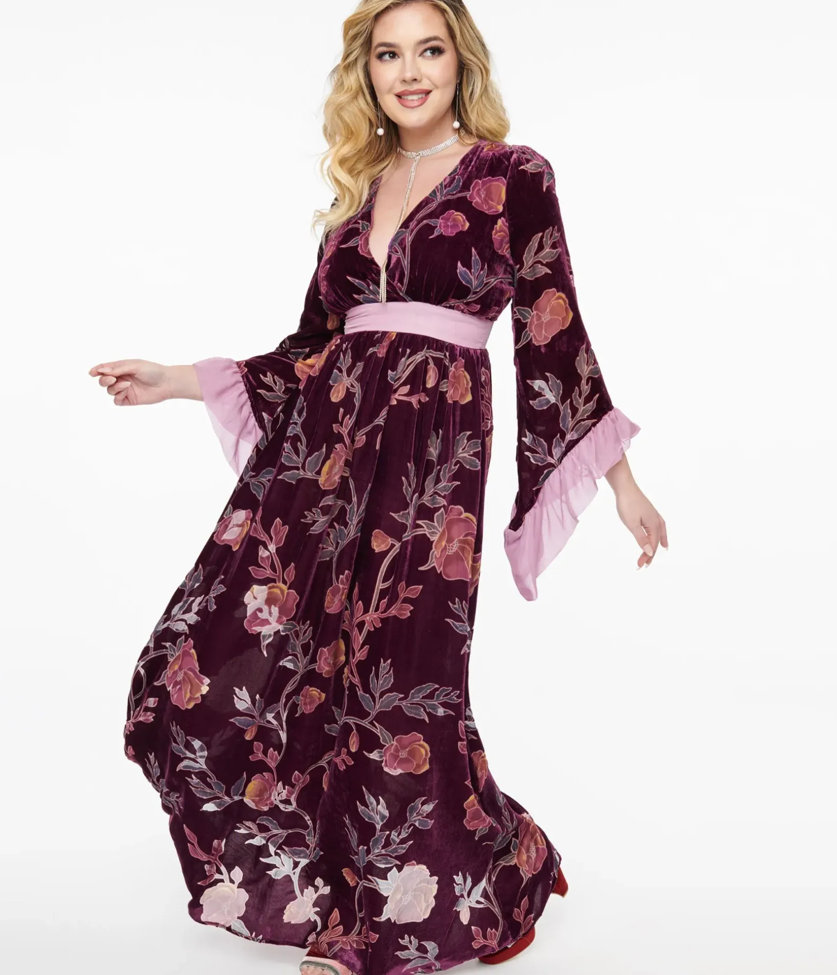 Unique Vintage Maxi|Everyday Dresses>1970s Purple Floral Burnout Velvet Maxi Dress