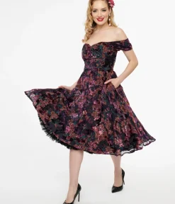 Unique Vintage Fit & Flare|Pocket Dresses>1950s Purple Floral Velvet Burnout Off Shoulder Flare Dress