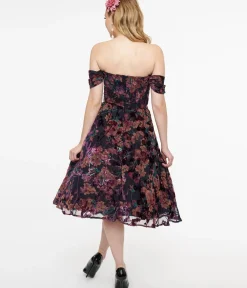 Unique Vintage Fit & Flare|Pocket Dresses>1950s Purple Floral Velvet Burnout Off Shoulder Flare Dress