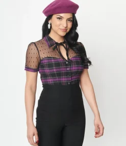 Unique Vintage Halloween>1940s Purple Plaid Addison Blouse