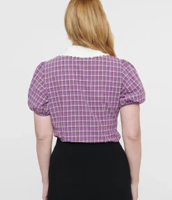 Unique Vintage Blouses|Halloween>1930s Purple Plaid Oversized Collar Blouse