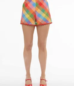 Unique Vintage Shorts>1950s Rainbow Madras Plaid Scallop Trim Shorts