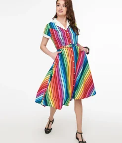 Unique Vintage Swing|Pocket Dresses>1950s Rainbow Stripe Pride Alexis Swing Dress