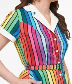 Unique Vintage Swing|Pocket Dresses>1950s Rainbow Stripe Pride Alexis Swing Dress