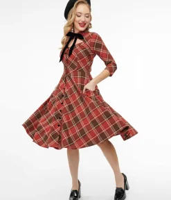 Unique Vintage Swing|Pocket Dresses>1950s Red & Brown Bias Plaid Swing Dress