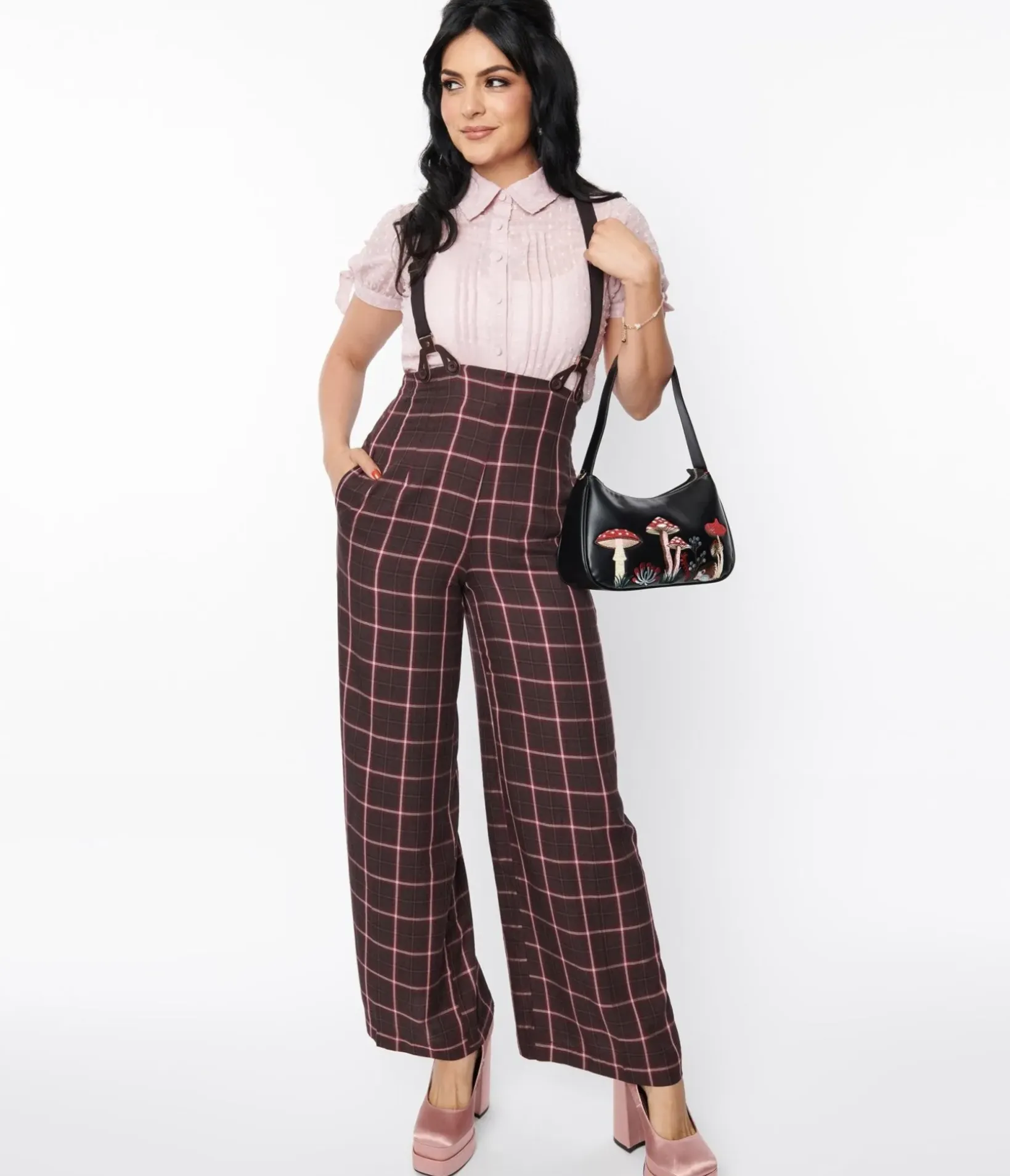 Unique Vintage Pants|Pants>1940s Red & Brown Plaid Wide Leg Suspender Pants