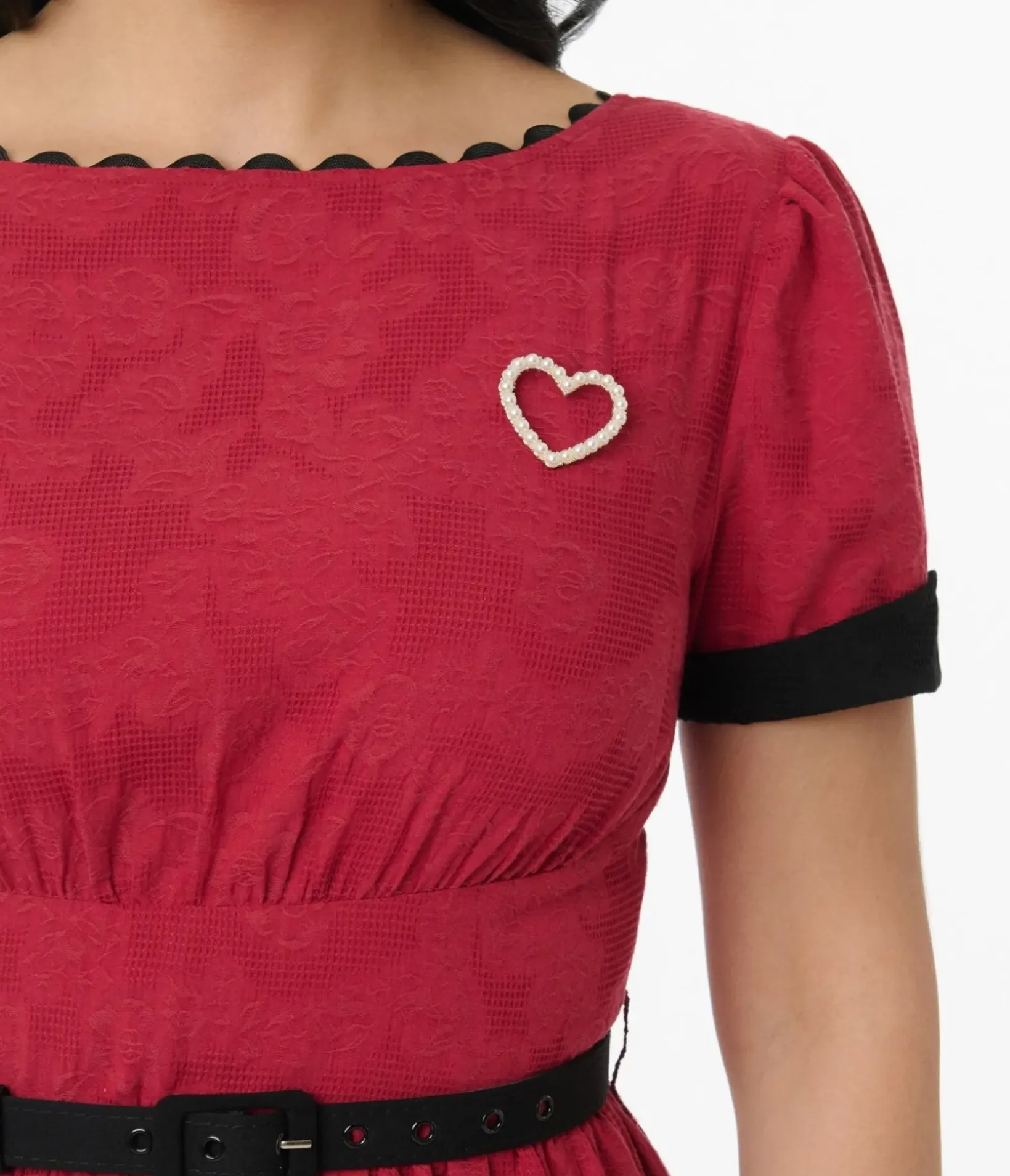 Unique Vintage Swing|Everyday Dresses>1950s Red & Faux Pearl Heart Pin Cotton Swing Dress