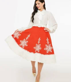Unique Vintage Skirts|All Things Red>1950s Red Felt & White Fur Snowflake Soda Shop Swing Skirt