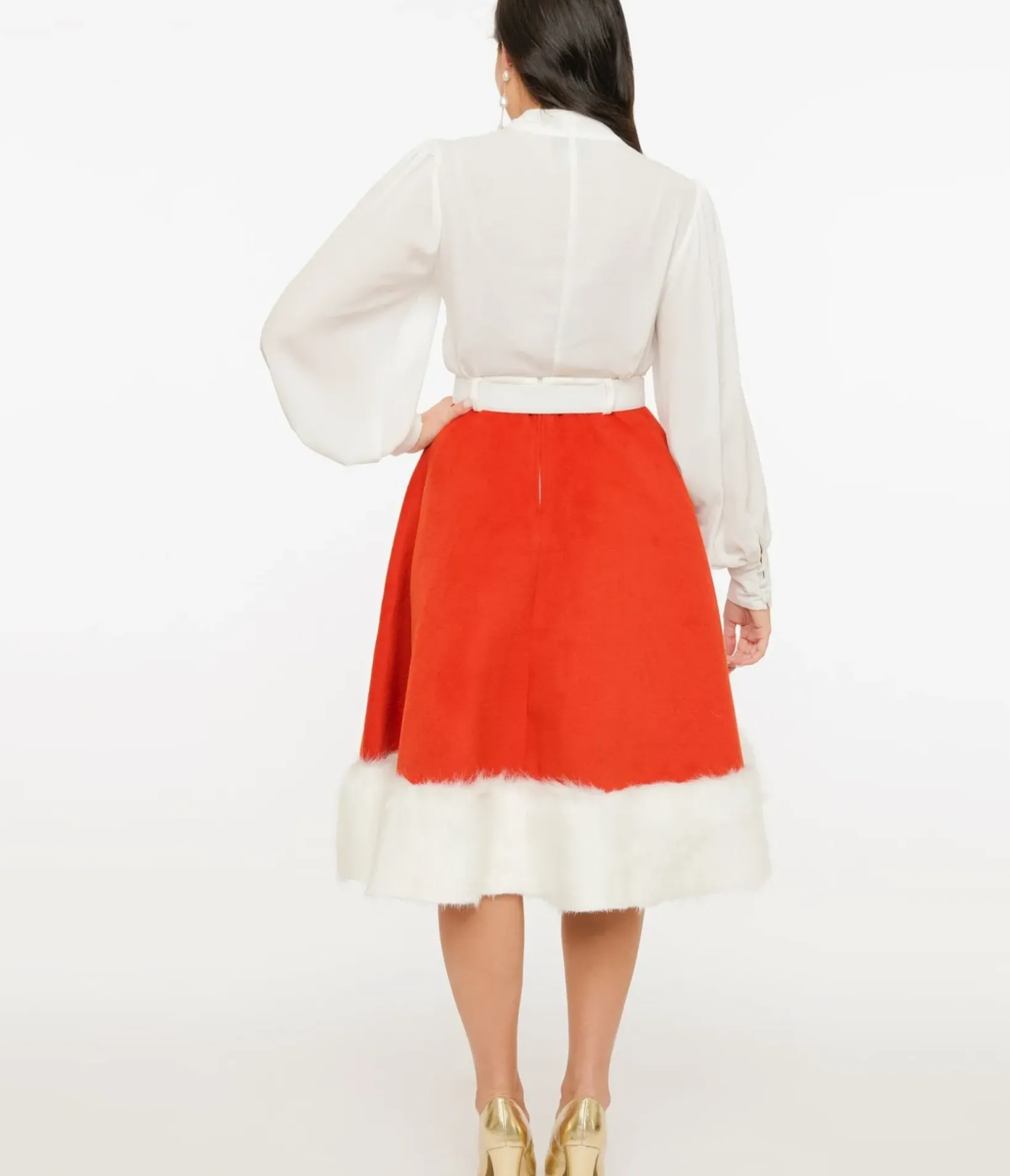 Unique Vintage Skirts|All Things Red>1950s Red Felt & White Fur Snowflake Soda Shop Swing Skirt