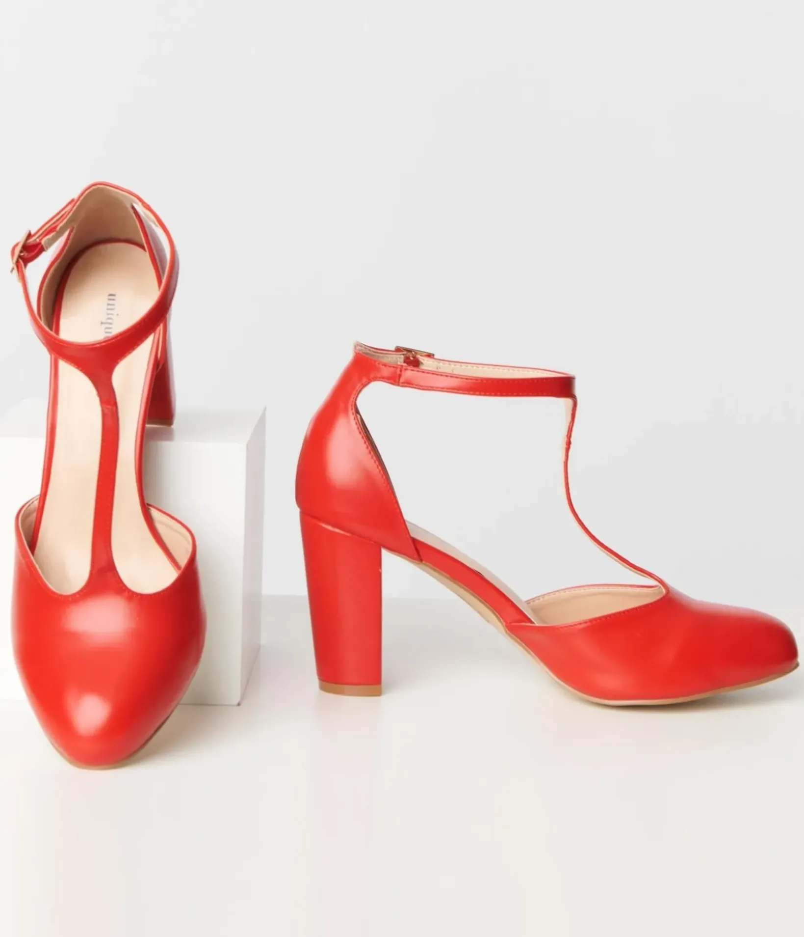 Unique Vintage Special Occasion|Heels>1920s Red Leatherette T-Strap Astaire Pumps
