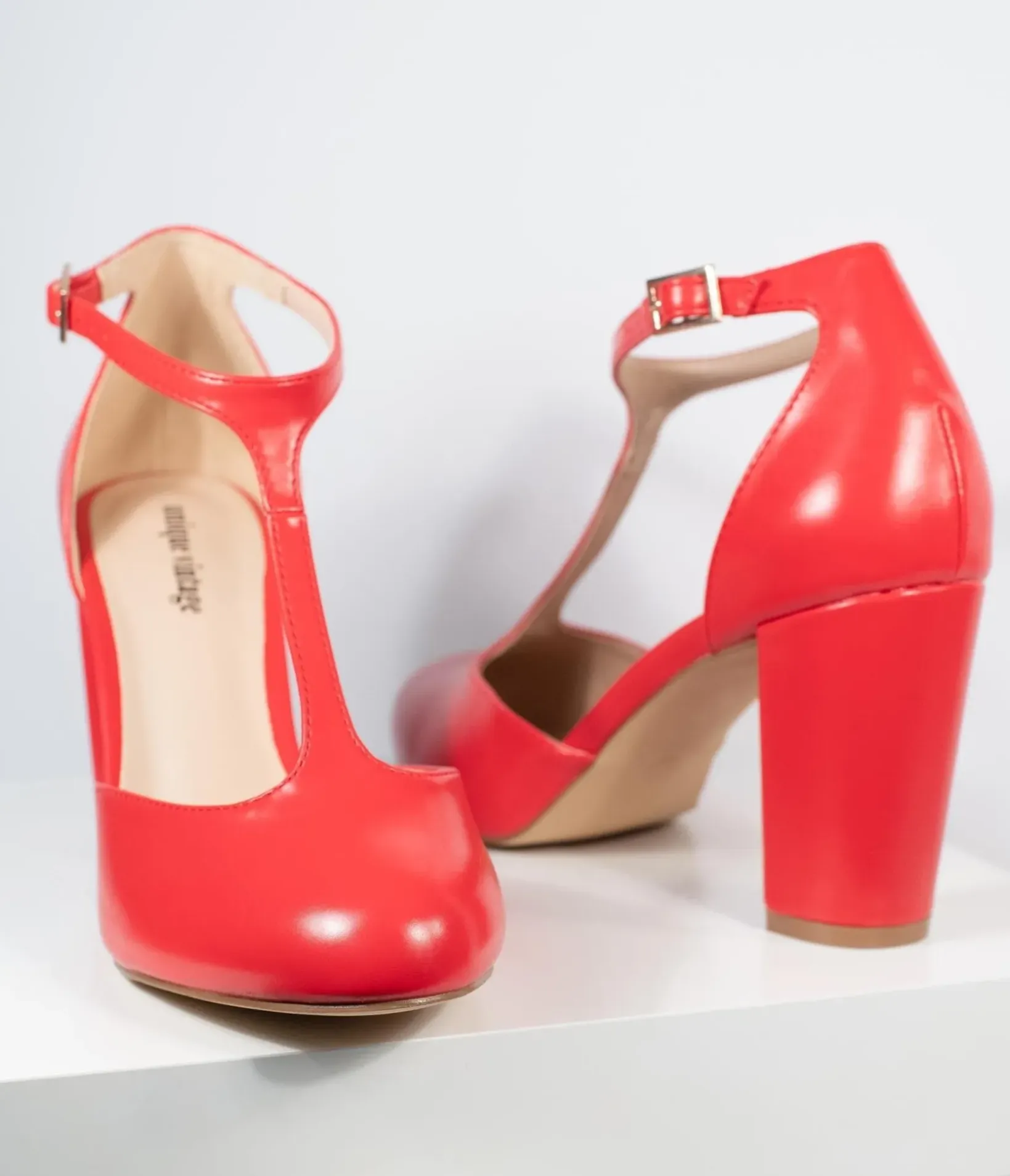 Unique Vintage Special Occasion|Heels>1920s Red Leatherette T-Strap Astaire Pumps