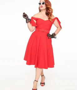 Unique Vintage Swing|Pocket Dresses>1960s Red Off The Shoulder Swing Dress
