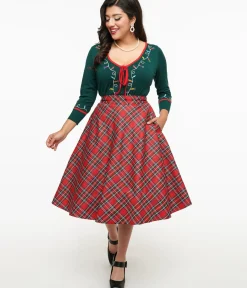 Unique Vintage Skirts|All Things Red>1950s Red Plaid High Waist Vivien Swing Skirt