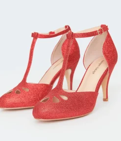 Unique Vintage Special Occasion|Heels>1920s Red Sparkle T-Strap Astaire Pumps