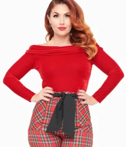 Unique Vintage All Things Red>1960s Red Velvet Folded Shoulder Knit Top