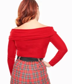 Unique Vintage All Things Red>1960s Red Velvet Folded Shoulder Knit Top