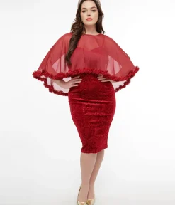 Unique Vintage Pencil|Everyday Dresses>1960s Red Velvet Ruffle Capelet Wiggle Dress