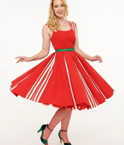 Unique Vintage Swing|Everyday Dresses>1950s Red & White Stripe Swing Dress