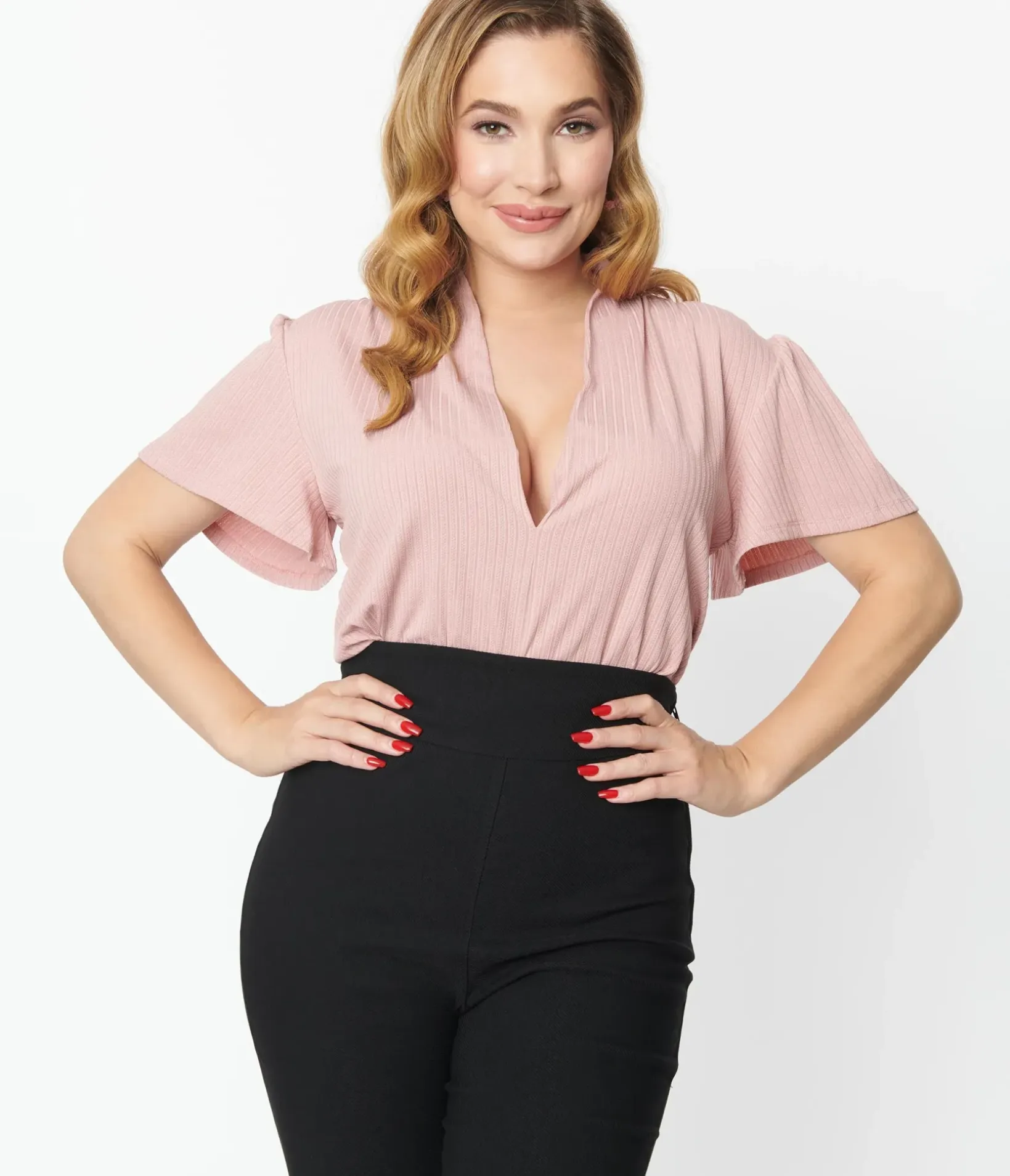 Unique Vintage Work Wear|All Things Pink>1970s Rose Pink Pointelle Flutter Sleeve Bodysuit