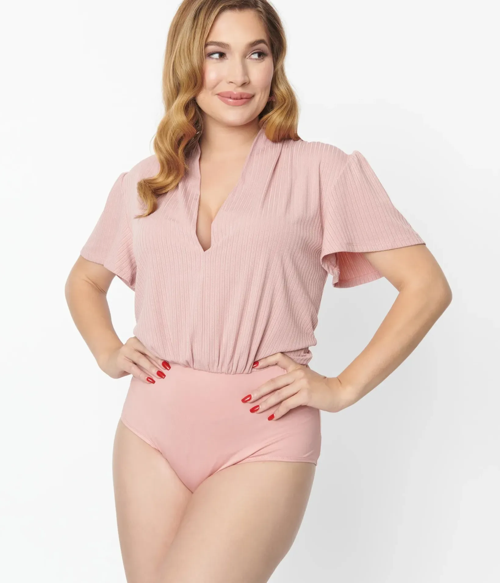 Unique Vintage Work Wear|All Things Pink>1970s Rose Pink Pointelle Flutter Sleeve Bodysuit