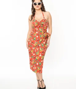 Unique Vintage Pencil|Everyday Dresses>1950s Rust & June-O-Ween Fruit Print Leilani Sarong Dress
