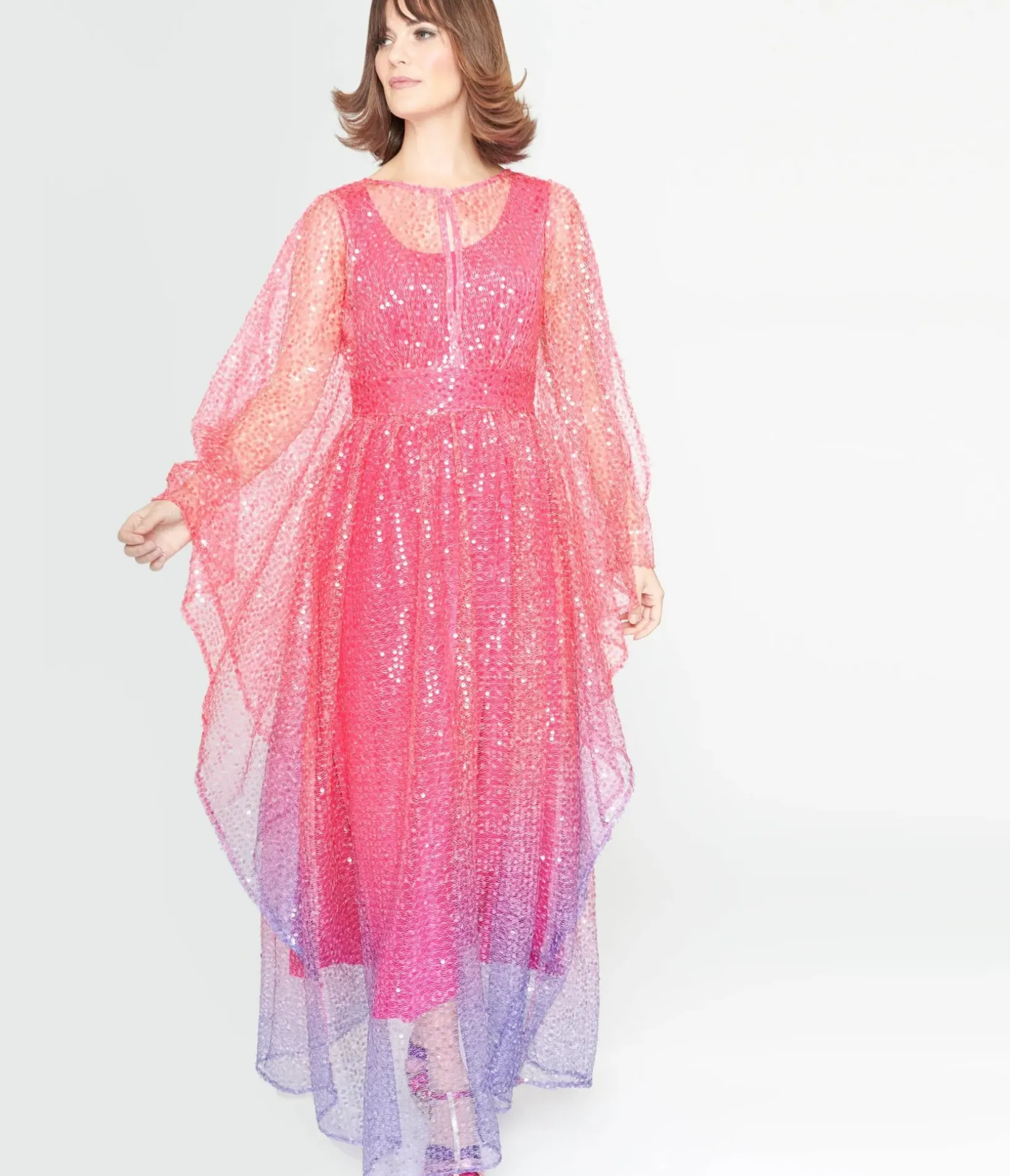 Unique Vintage Maxi|Caftans>1970s Sheer Pink & Purple Ombre Sequin Flutter Sleeve Caftan