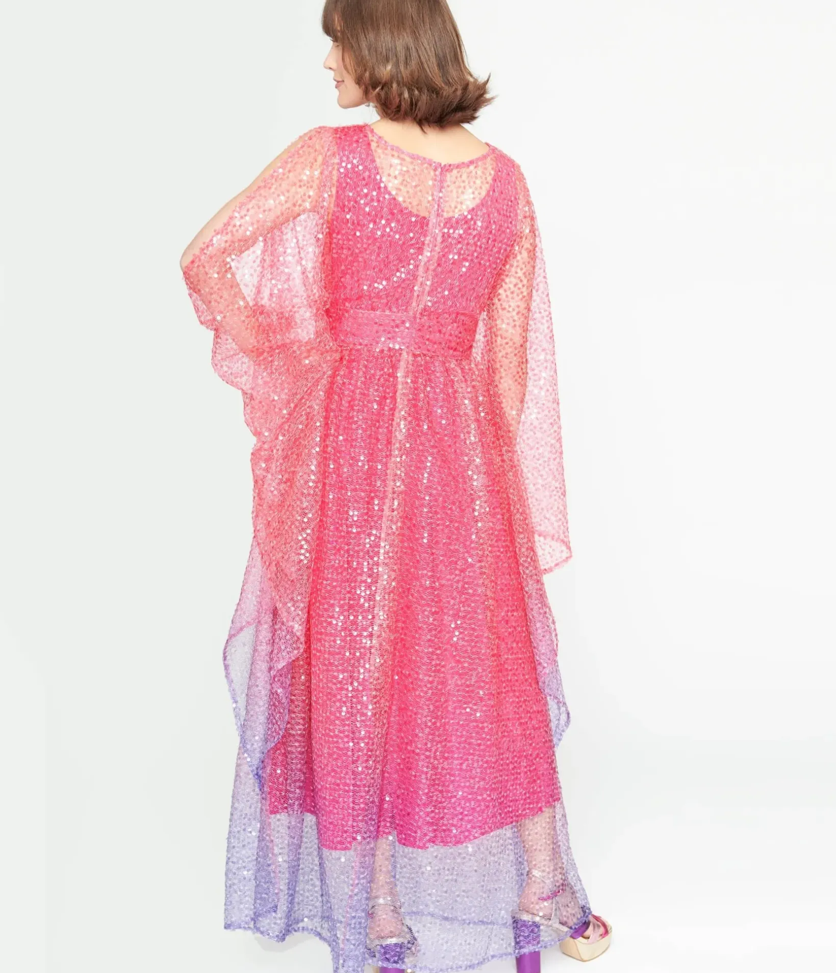 Unique Vintage Maxi|Caftans>1970s Sheer Pink & Purple Ombre Sequin Flutter Sleeve Caftan