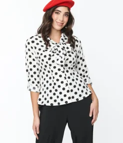 Unique Vintage Work Wear>1940s Sheer White & Black Dot Olivia Blouse
