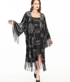 Unique Vintage Jackets|Coats & Jackets>1920s Silver & Black Velvet Zodiac Fringe Kimono