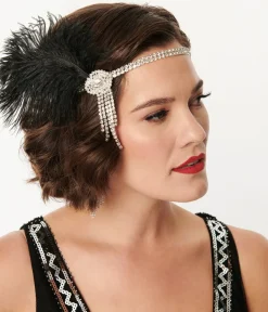 Unique Vintage Special Occasion|Flapper Accessories>1920s Silver Rhinestone & Black Feather Headband