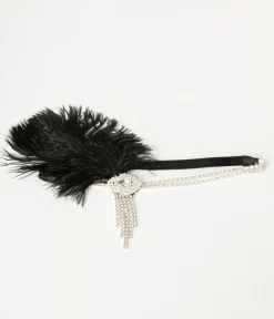 Unique Vintage Special Occasion|Flapper Accessories>1920s Silver Rhinestone & Black Feather Headband
