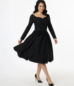 Unique Vintage Swing|Pocket Dresses>1950s Solid Black Sweetheart Swing Dress