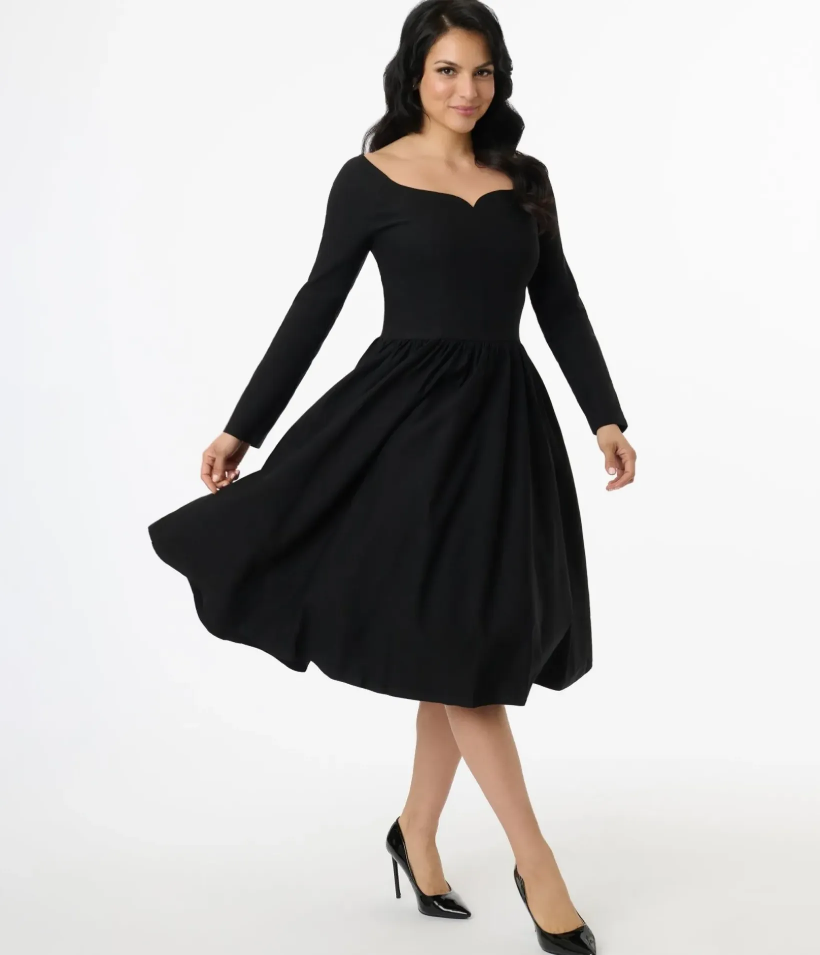 Unique Vintage Swing|Pocket Dresses>1950s Solid Black Sweetheart Swing Dress