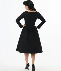 Unique Vintage Swing|Pocket Dresses>1950s Solid Black Sweetheart Swing Dress