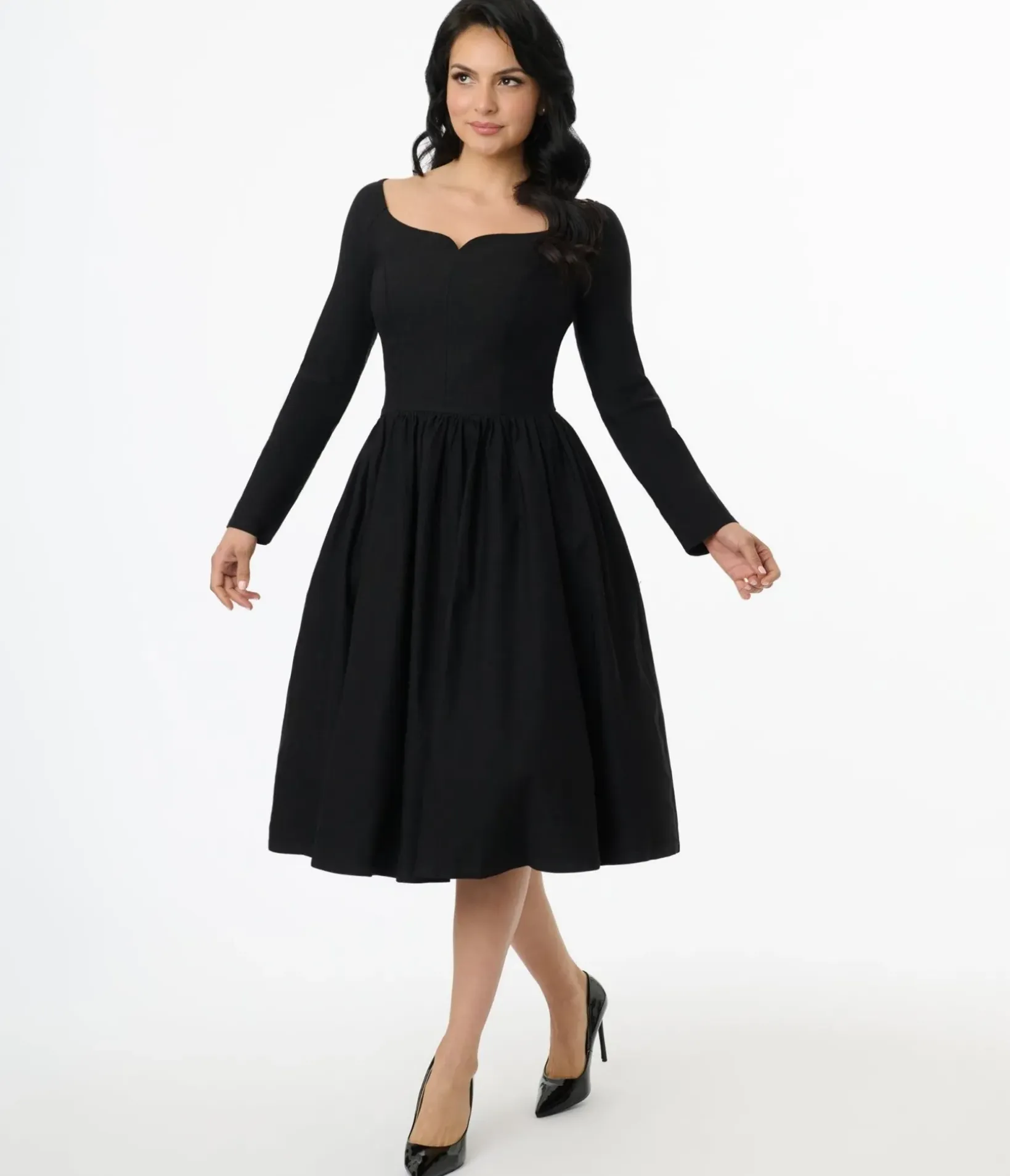 Unique Vintage Swing|Pocket Dresses>1950s Solid Black Sweetheart Swing Dress