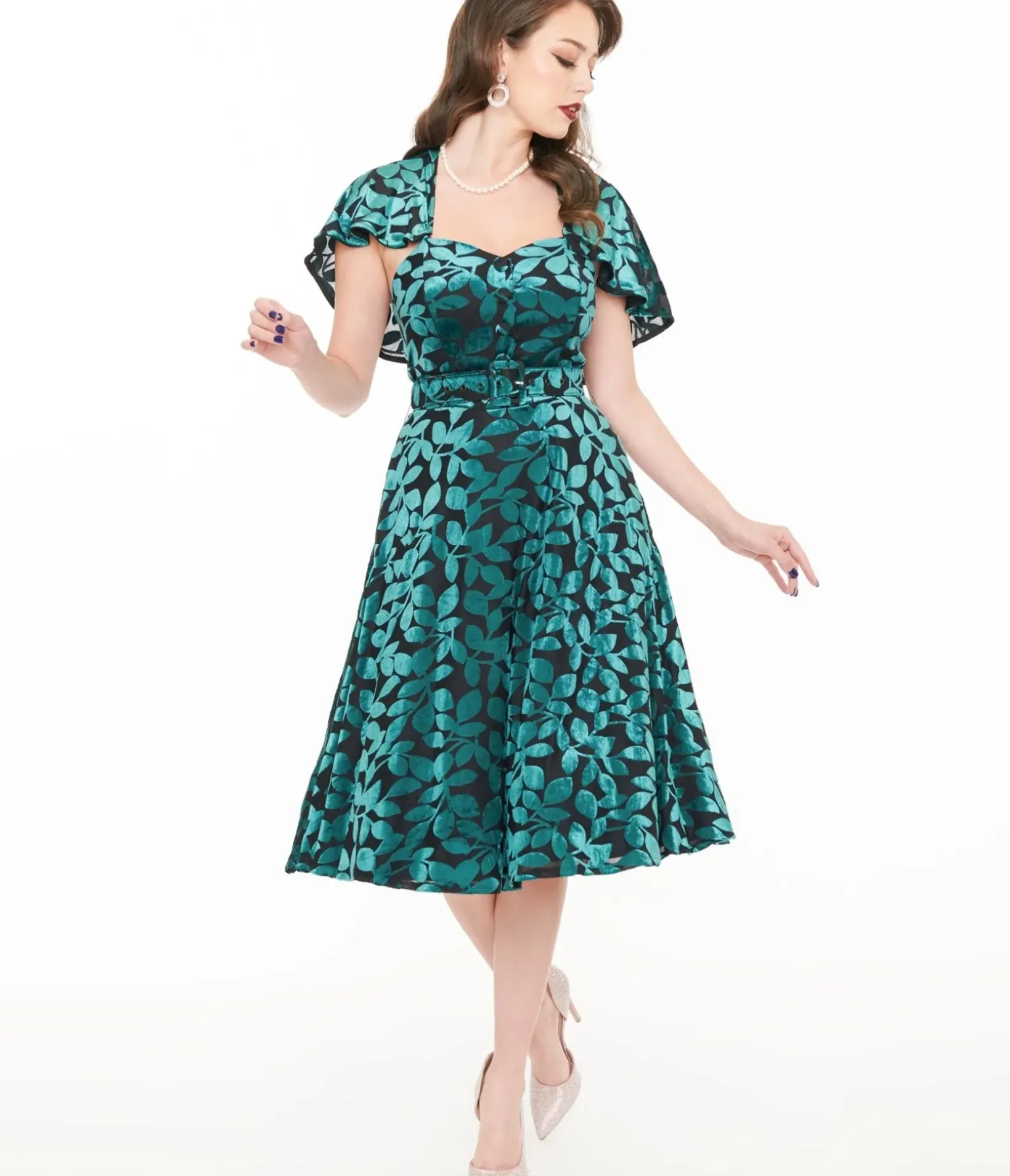 Unique Vintage Swing|Midi>1950s Teal & Black Velvet Burnout Capelet Swing Dress