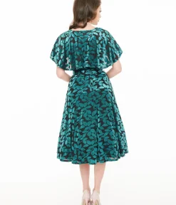 Unique Vintage Swing|Midi>1950s Teal & Black Velvet Burnout Capelet Swing Dress