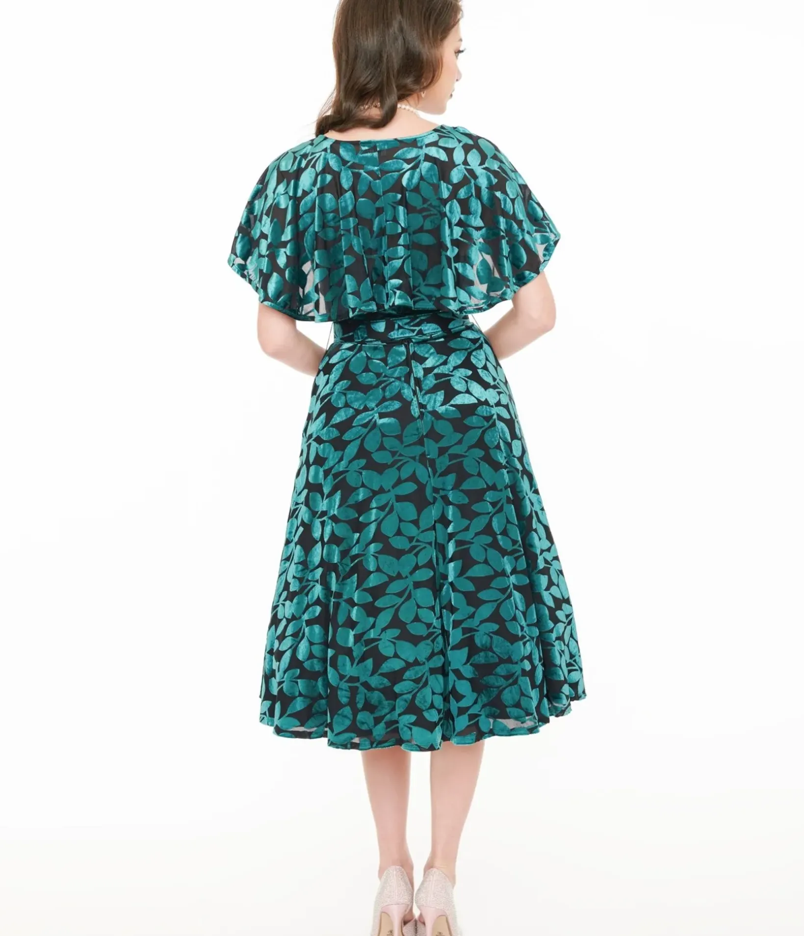 Unique Vintage Swing|Midi>1950s Teal & Black Velvet Burnout Capelet Swing Dress