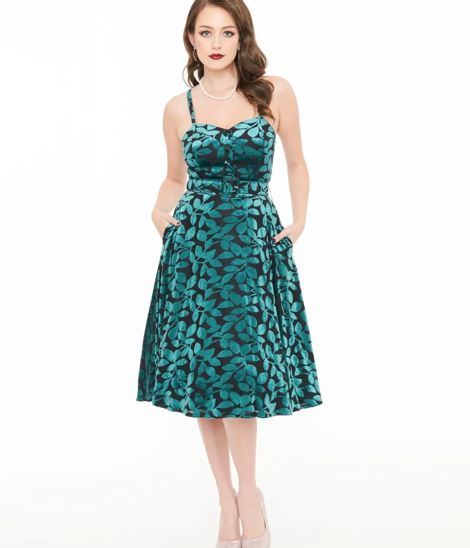 Unique Vintage Swing|Midi>1950s Teal & Black Velvet Burnout Capelet Swing Dress