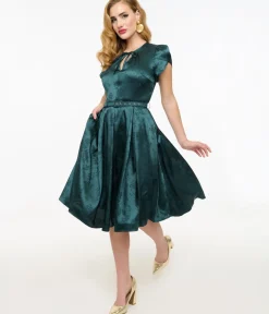 Unique Vintage Swing|Pocket Dresses>1940s Teal Floral Print Dahlia Swing Dress