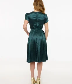 Unique Vintage Swing|Pocket Dresses>1940s Teal Floral Print Dahlia Swing Dress