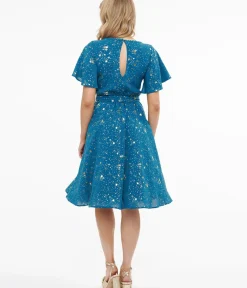 Unique Vintage Swing|Everyday Dresses>1930s Teal & Gold Star Swing Dress