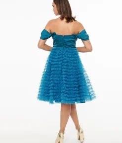 Unique Vintage Swing|Everyday Dresses>1950s Teal Mesh Tulle Off The Shoulder Swing Dress