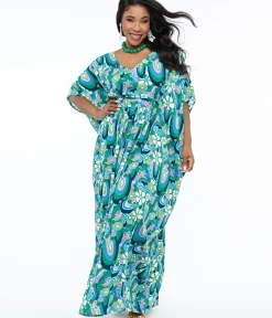 Unique Vintage Maxi|Caftans>1970s Teal Psychedelic Floral Burton Caftan Dress